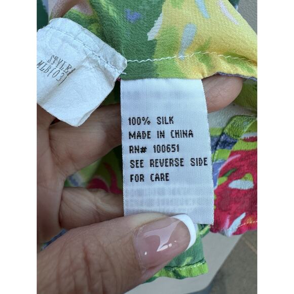 Michael Leu Women's Silk Button Up Shirt Artsy Palm Tree Hawaiian Watercolors 1X - Picture 5 of 10